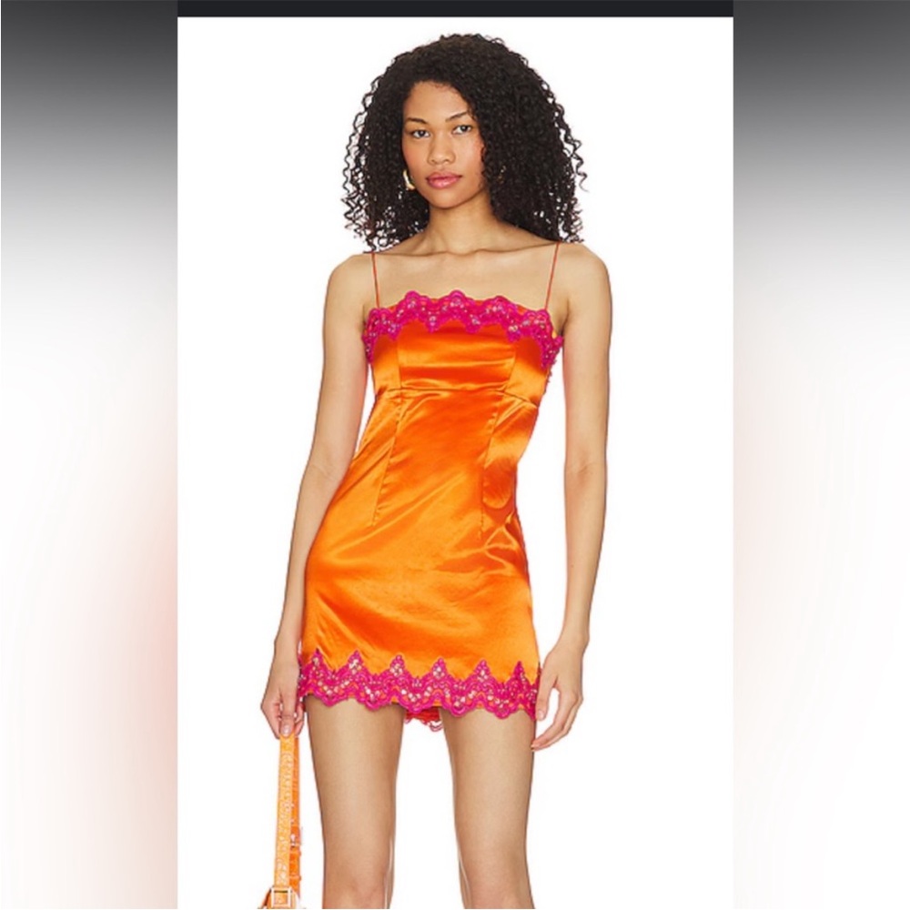 REVOLVE Orange Mini Dress with Pink Lace Trim - Picture 5 of 6